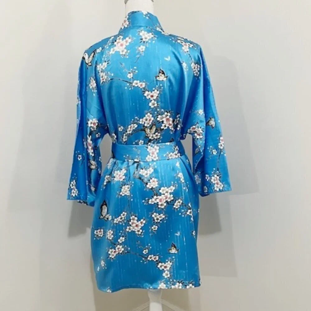 Marukyo Kyoto Tokyo Short Kimono Robe Blue Floral Butterfly Japanese Women's